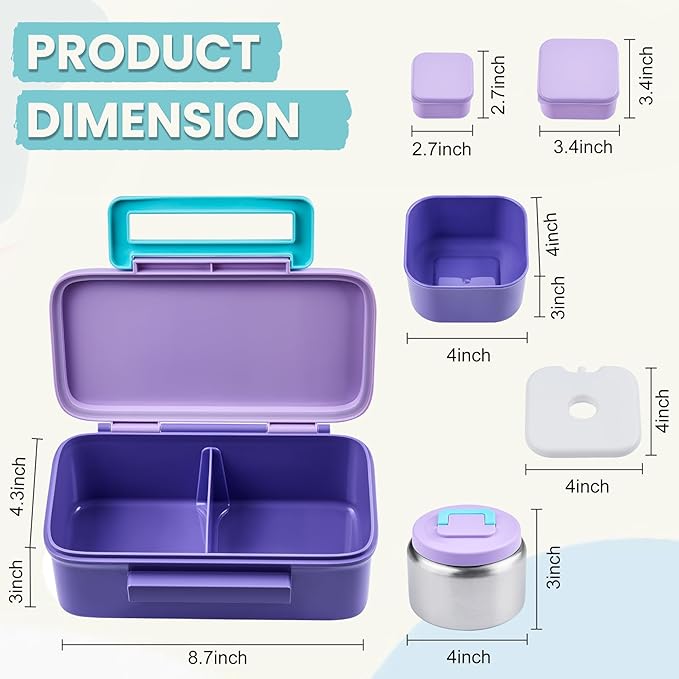 PIQUEBAR Kids Lunch Box with 8oz Thermo, Leakproof Bento Box with Insulated Bag, Kids Insulated Water Bottle, Food Lunch Container for Back to School Girls Boys, Purple