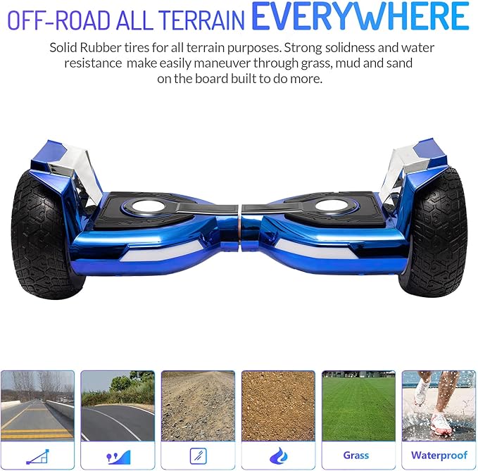 8.5” All Terrain Hover Board, Off Road Self Balancing Scooter with Bluetooth and LED Lights, UL2272 Safety Certified (Blue)