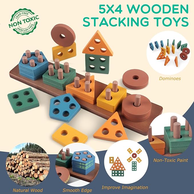 Montessori Baby Toy Sorting Stacking Learning Toys Wooden Building Blocks, Xylophone Musical, Infant Teethers Toys for Baby, 6 in 1 Toy Birthday Gifts for Toddlers