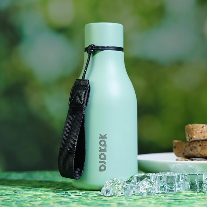 BJPKPK Insulated Water Bottles, 12oz Stainless Steel Metal Water Bottle with Strap, BPA Free Leak Proof Thermos, Mugs, Flasks, Reusable Water Bottle for Sports & Travel, Mist Grey