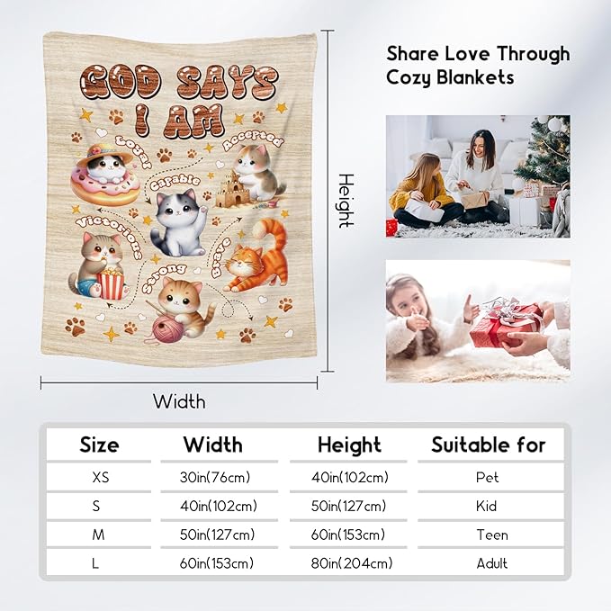 Cat Blankets for Cat Lovers, Cat Themed Gifts for Girls Boys Women Adults, Cat Blanket with Cats on It, God Says I Am Blanket for Kids Daughter Son, Fleece Throw Blankets for Living Room, 60"x80"