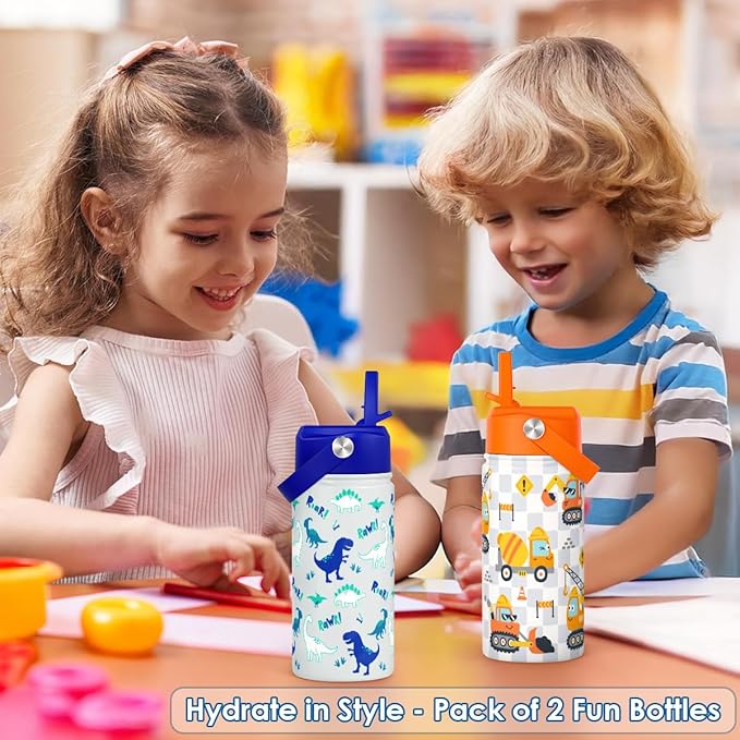 SANDJEST Kid Water Bottle 12oz with Straw Lid - 2-Pack Insulated Stainless Steel Water Bottles for Kids Girls - Travel Cup for School Sports, Construction & Dinosaur