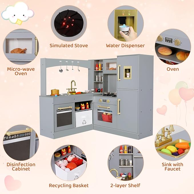 Arlopu Corner Wooden Play Kitchen with Lights & Sounds, Ultimate Pretend Cooking Toy Playset w/Utensils, Oven, Microwave, Stove, Water Dispenser (Gray)