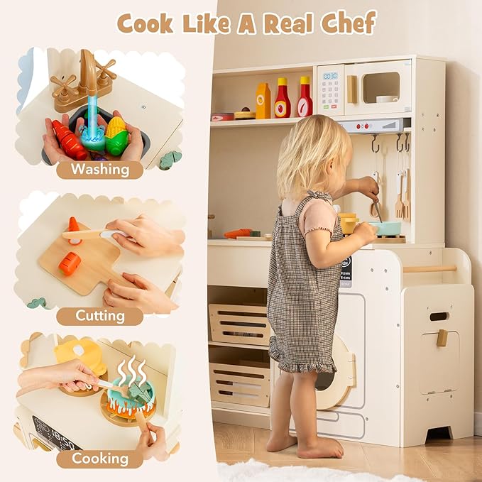 Costzon Corner Kitchen Playset, Kitchen Toy Set w/Real Lights & Sounds, Large Fridge, Ice Maker, Oven, Microwave, Washer, Trash Can & 22 Accessories, Wooden Pretend Play Kitchen for Kids 3+ (Beige)