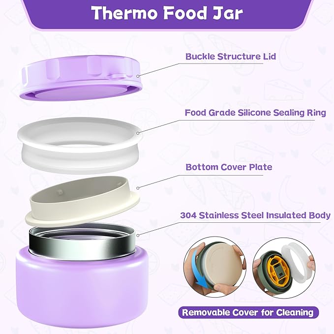 Kids Bento Lunch Box with 8oz Soup Thermo, Kids Leakproof Lunch Food Containers with 4 Compartment,Insulated Hot Food Jar with Lunch Bag for School, Travel (Purple)