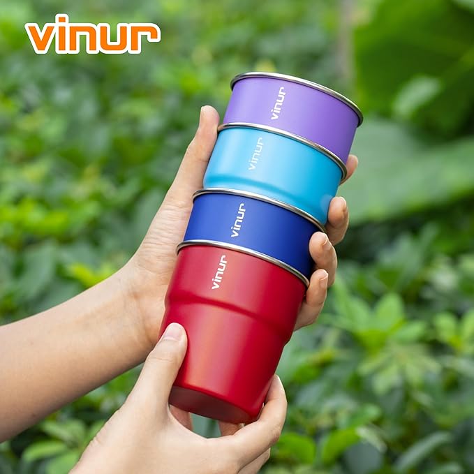 VINUR 8 oz Stainless Steel Cups 4 Pack Tumbler Stackable Metal Drinking Glasses for Travel, Camping, Outdoors (Canyon Red-Sky Blue-Purple-Navy)
