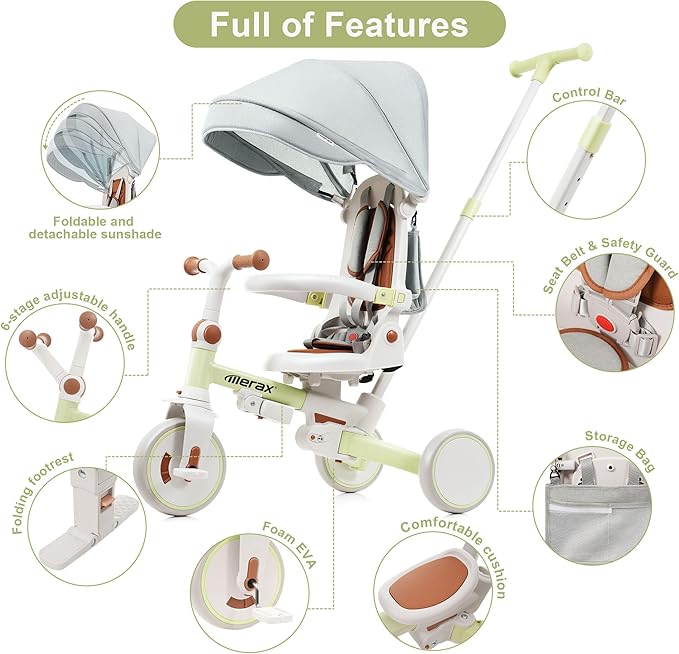 Toddler Trike Collapsible Frame Lightweight Kid Rider Tricycle 7-in-1 Removable Pedal Ages 1Y-6Y