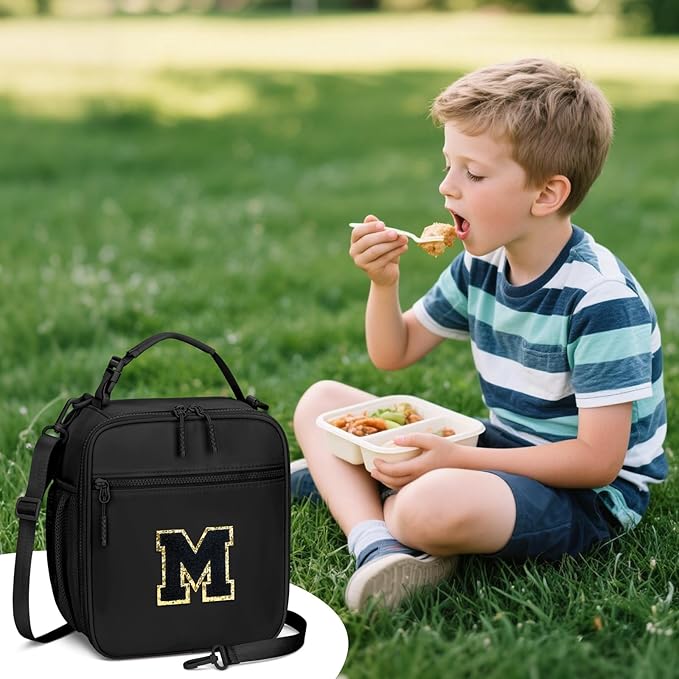 Initial Insulated Lunch Bag for Boys Kids, Back to School Gift, Reusable Leak-proof Lunch Box with Adjustable Strap for School Daycare Travel Picnic（Black，M）