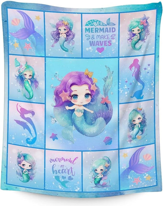 Mermaid Blanket - Soft, Fuzzy & Warm - 40"x50" Small Blanket for Couch, Sofa - Blue Cute Throw Gifts for Girls