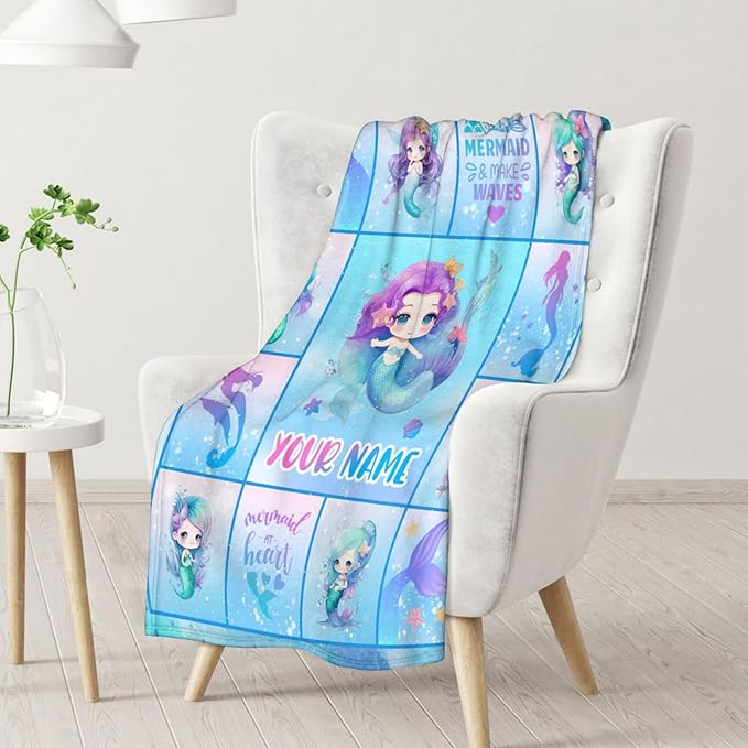 Personalized Mermaid Blanket with Name - Soft, Fuzzy & Warm - 60"x80" Twin Size Blanket for Bed, Couch & Living Room - Blue Cute Throw Gifts for Girls