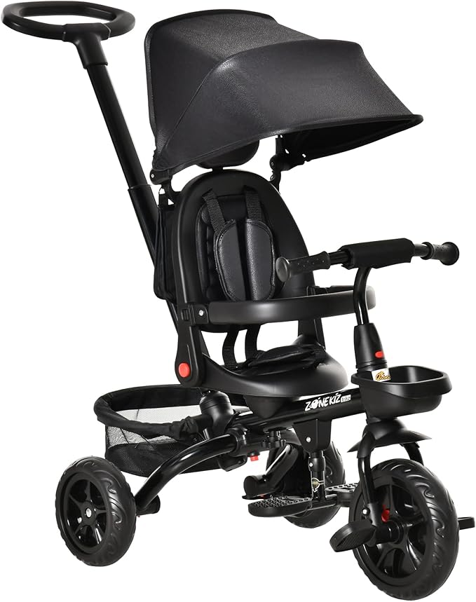 Qaba Kids Tricycle, 4 in 1 Foldable Trike with Reversible Seat, Adjustable Parent Handle, Safety Harness, Wheel Brakes, Removable Canopy, Storage, Tricycle for Toddlers 1-5 Years, Black