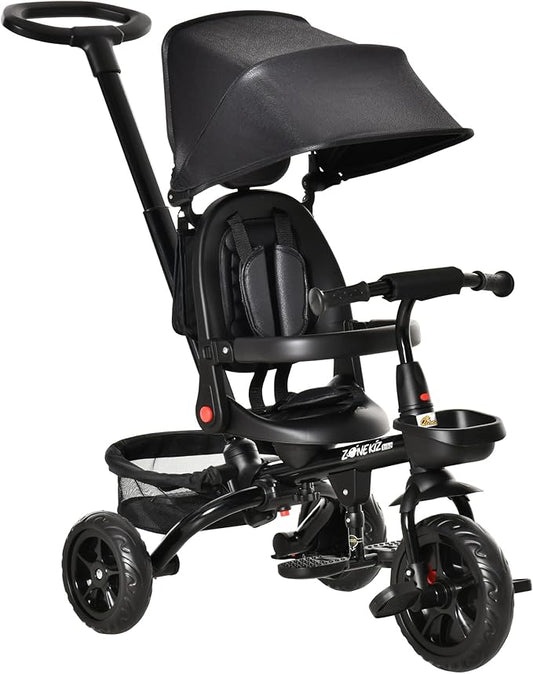 Qaba Kids Tricycle, 4 in 1 Foldable Trike with Reversible Seat, Adjustable Parent Handle, Safety Harness, Wheel Brakes, Removable Canopy, Storage, Tricycle for Toddlers 1-5 Years, Black