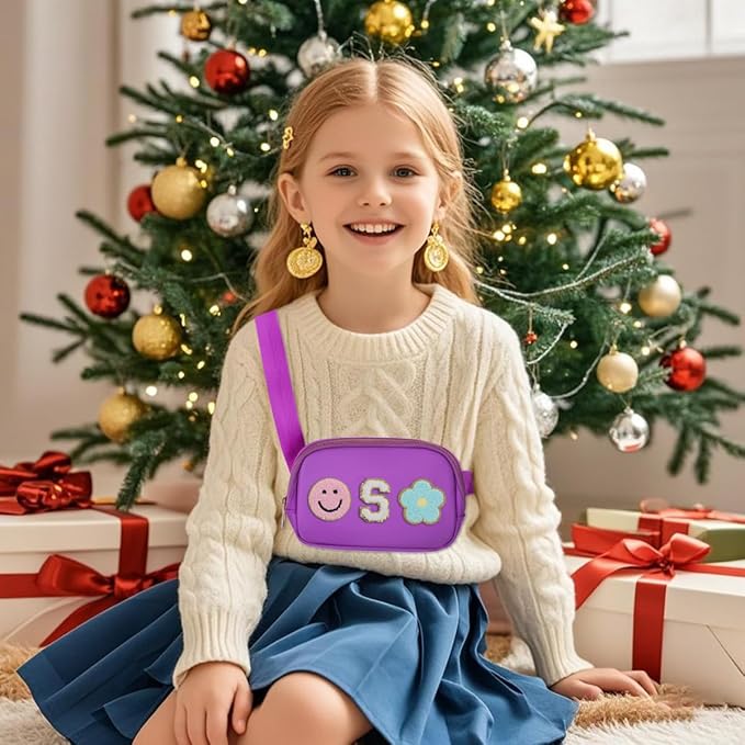 Fanny Pack For Girls Purple Kid Crossbody Bag Chenille S Letter Preppy Belt Bag, Christmas Birthday Graduation Gifts For Girl Teen Daughter Sister, Personalized Nylon Fanny Packs