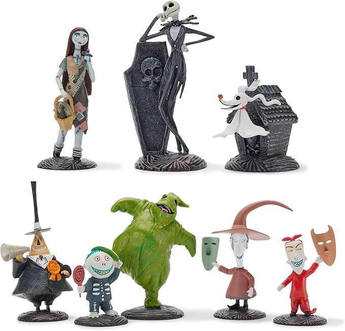 Disney Store Official The Nightmare Before Christmas Figure Set – 8 Fully Sculpted Disney Figures Including Jack Skellington, Sally, Zero & More in Double-Tiered Box with Scenic Backgrounds