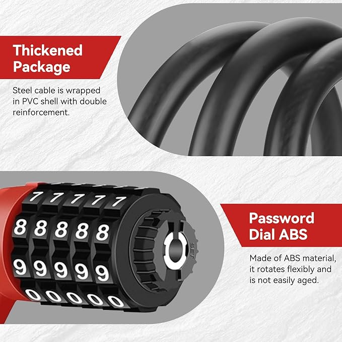 5 Digit Combination Bike Cable Lock, Lightweight Bicycle Lock Anti Theft Resettable Combination Portable Bicycle Cable Locks for Bike, 22inch, Red