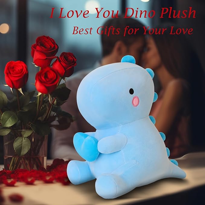 SQEQE Dinosaur Stuffed Animal, Loving Soft Dino Plush Toys with Holding Heart, Sweet Romantic Anniversary Birthday Gift for Her Girls Boys Girlfriend(Blue,12 inch)