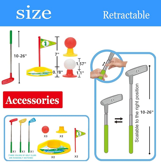 Toddler Golf Set, Kids Golf Clubs Set, Kids Golf Set Retractable Toy [Upgraded & Anti-Fracture] Indoor and Outdoor with 3 Golf Clubs -3 Balls - 2 Flag - 2 Tee - 2 Practice Hole for Toddlers Boys Girls