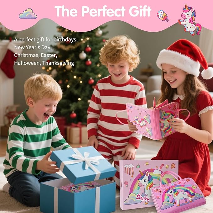 Montessori Toddler Busy Board Toys, Girls Unicorn Learning Sensory Toy, Toddler Travel Toy, Children's Educational Activity Busy Book, Birthday Gift (Pink)