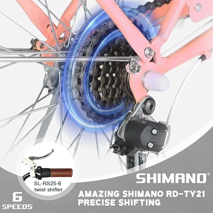 Glerc 20 24 26 Inch Beach Cruiser Bike, 6-Speed Hybrid City Bicycle for Girls Youth and Over 6 Years Old, Missy Bike with Wicker Basket & Lightweight, Multiple Colors