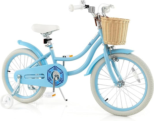 COSTWAY Kids Bike, 14 16 18 Inch Toddler Bike with Training Wheels, Basket, Adjustable Seat & Handlebar, Hand & Coaster Brakes, Bell, for Girl Boy Aged 3-8 Years Old