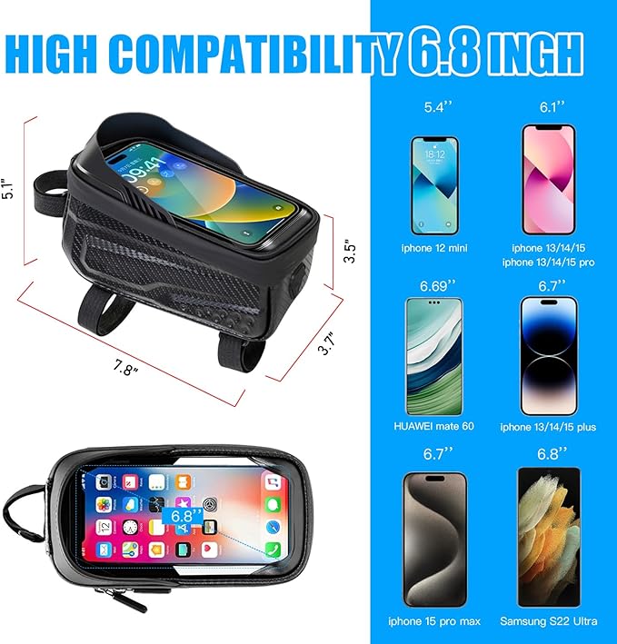 Waterproof Bike Bag, Long Extension Strap, Top Tube Bag Under 6.9'', Large Capacity, Touch Screen Compatible