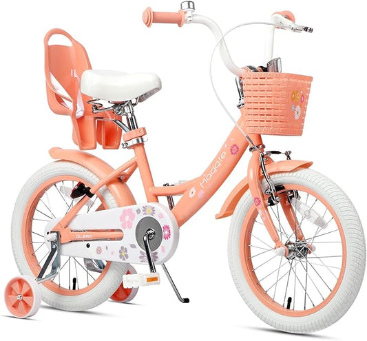 Glerc Maggie Girls Bike, 12-20 Inch Kids Bike for 2-13 Years Old Children, Princess Style Kids Bicycle with Doll-Seat & Basket & Training Wheels, Multiple Colors