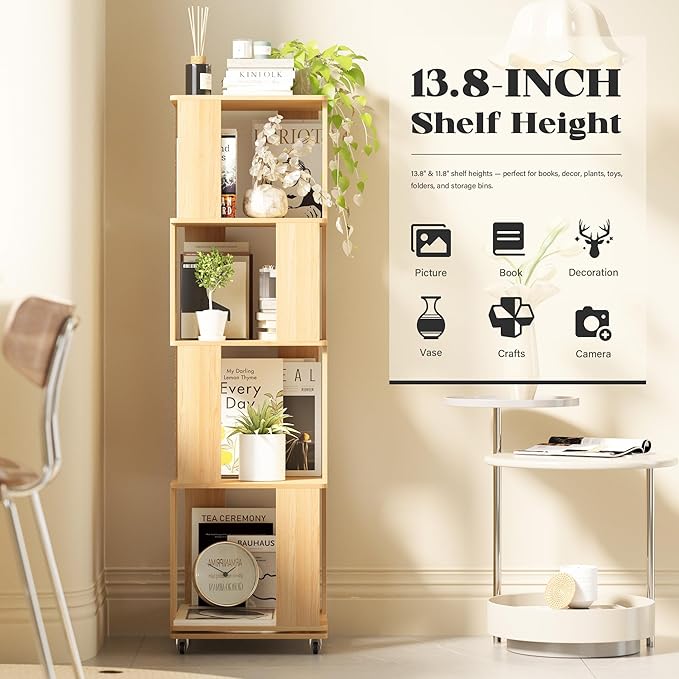4 Tier Solid Wood Rotating Bookshelf Tower on Wheels, 360° Upgrade Spinning Book Shelf, Revolving Bookcase Organizer, Swivel Bookshelves for Small Spaces, Corner, Bedroom, Kids Room, Office (Natural)