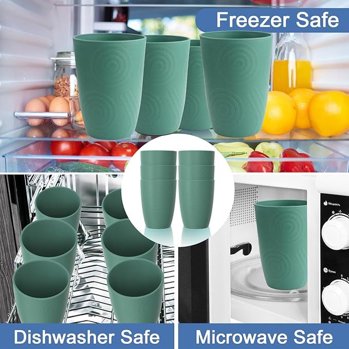 Drinking Cups Set Wheat Straw Cups 16 OZ - Reusable Water Cups Plastic Drinking Glasses 6 PCS Dishwasher Safe Cup Unbreakable Kitchen Cup for Camping, Outdoor Activities -Green