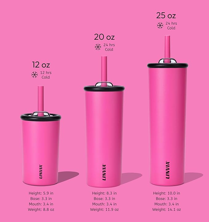 Candy Tumbler, 12 oz Kids Insulated Stainless Steel Water Bottle with Spill Resistant Silicone-Metal Straw and 2-in-1 Lid, BPA-Free, Cup Holder Friendly, Dishwasher Safe, Hot Pink