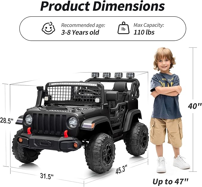 2 Seater Ride on Car Toy, 12V Electric Car for Kids 4-8 with Remote Control, Capacity 110 lb, LED Light - Black