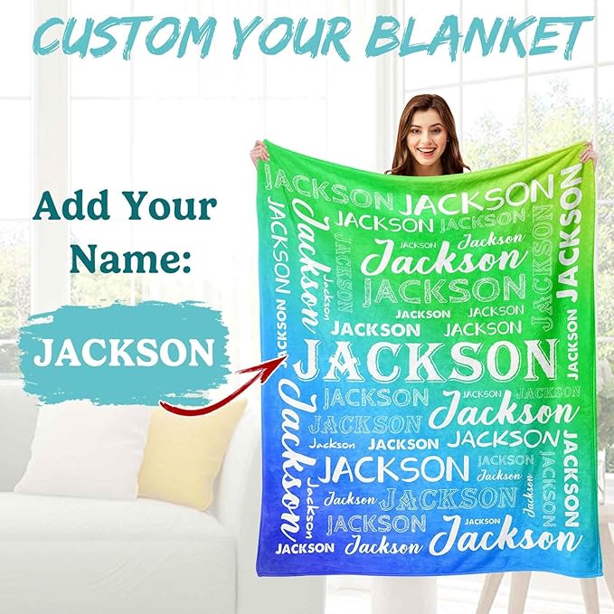 Ship Next Day, Personalized Baby Blanket with Name - Printed in USA, Custom Name Blanket for Boys Girls Kids, Customized Flannel Blankets Gifts for Teen Shower Toddlers Christmas Brithday
