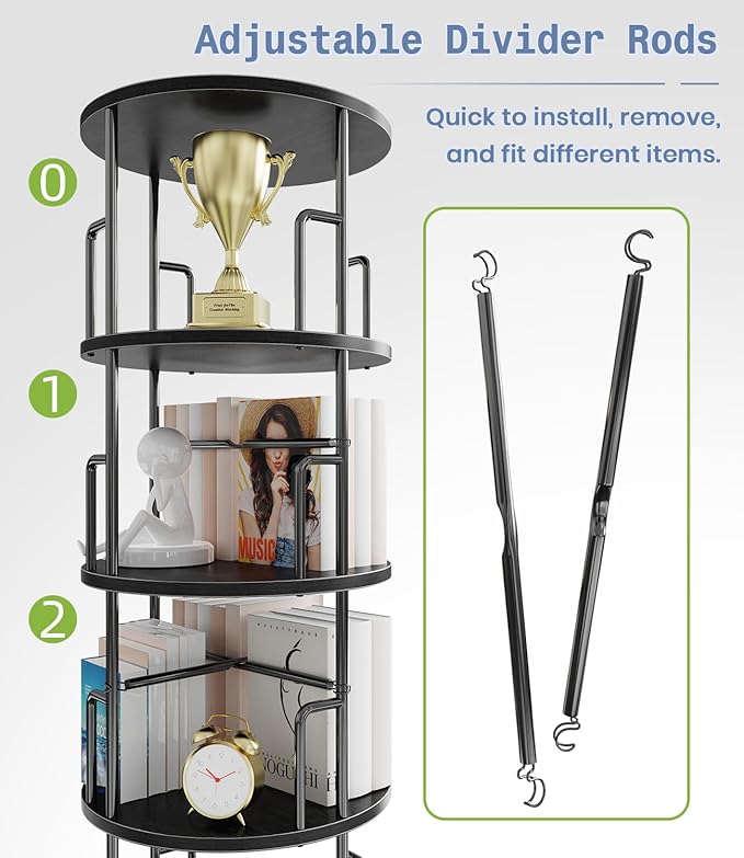 6 Tier Rotating Bookshelf Tower Round Black,74”Tall Spinning Bookshelf Tower Anti-Tipping Design,Metal & Wood Standing Revolving Bookcase Stackable Space Saving for Small Spaces,Study,Living Room