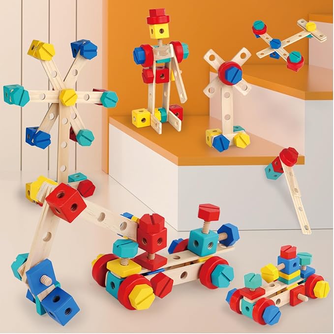 Wooden Nut & Bolt Building Toy for Kids Montessori STEM Construction Set with Tools, Educational Building Blocks for Toddlers Ages 3+ (Boys & Girls)
