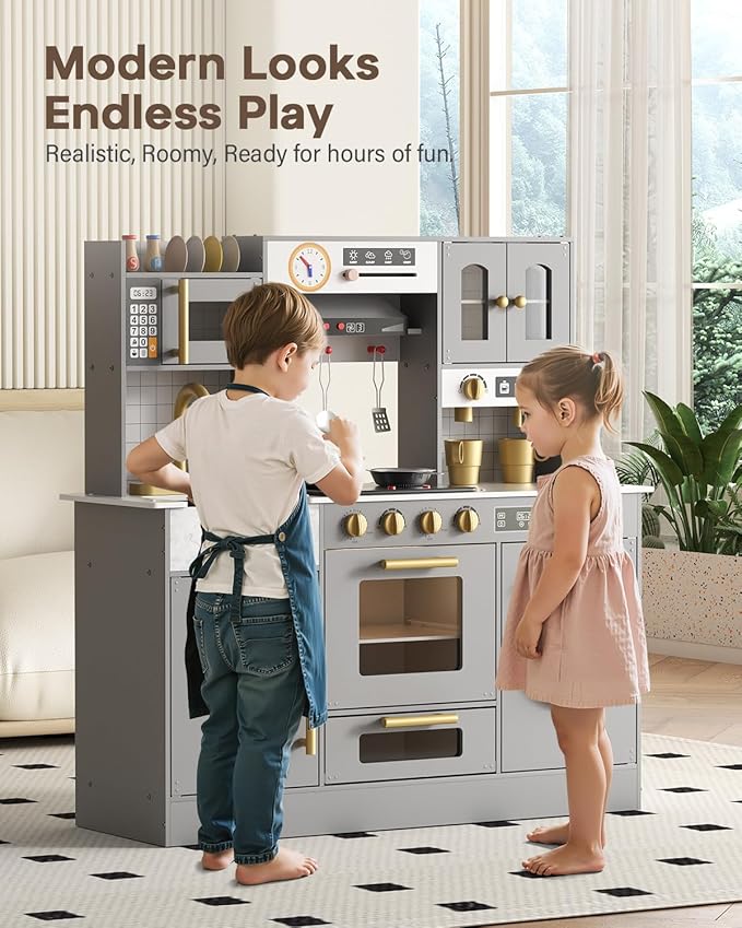 BIERUM Wooden Play Kitchen for Kids Ages 3-8 with Lights & Sounds, Pretend Play Kitchen Set with Stove, Ice Maker, Coffee Maker, Oven & Accessories, Toddler Kitchen Playset for Boys and Girls (Gray)