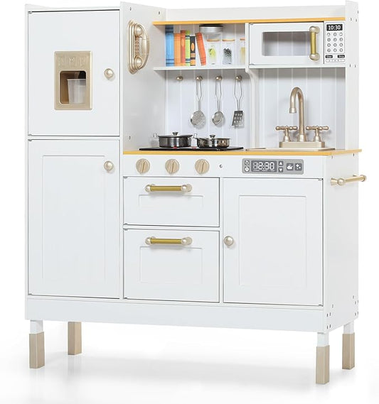 Play Kitchen for Kids, Wooden Kids Kitchen Playset with Realistic Sounds, Children Pretend Toy Kitchen Playset w/Stove, Oven & Ice Maker, Little Chef Play Kitchen for Girls and Boys, White