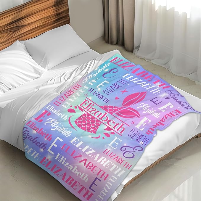 Personalized Mermaid Blankets for Kids Teens Adults, Girls Women Throw Blanket Gifts for Mermaid Lovers, Custom Name Soft Warm Flannel Monogram Blankets Decor for Bed Couch Sofa Home Room
