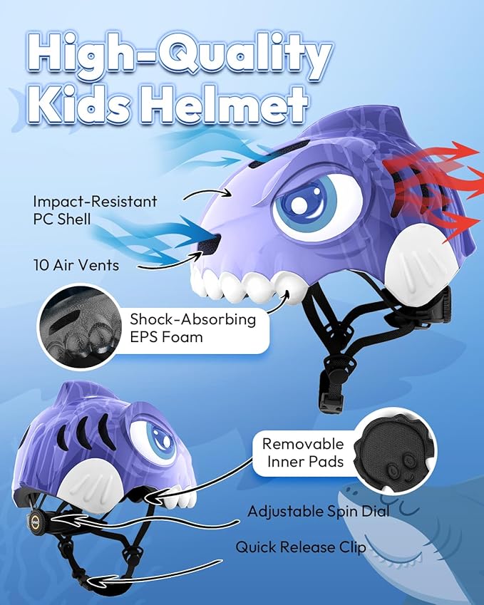 Bike Helmet for Kids 3-5-8 Toddler Bike Helmet Animal 3D Cartoon Boys Girls Safety Adjustable Kids Helmet and Pads Set for Cycling Scooter Skateboard