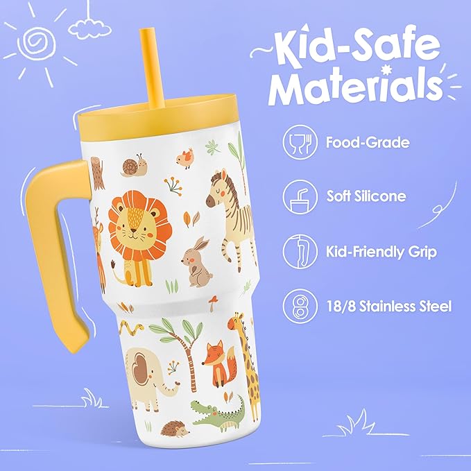 Jungle Animal Tumbler 20oz with Handle and Silicone Straw Lid for Kid, Insulated Stainless Steel Cup, Gift for Kids Boys, Gifts Idea for Birthday Christmas Back to School