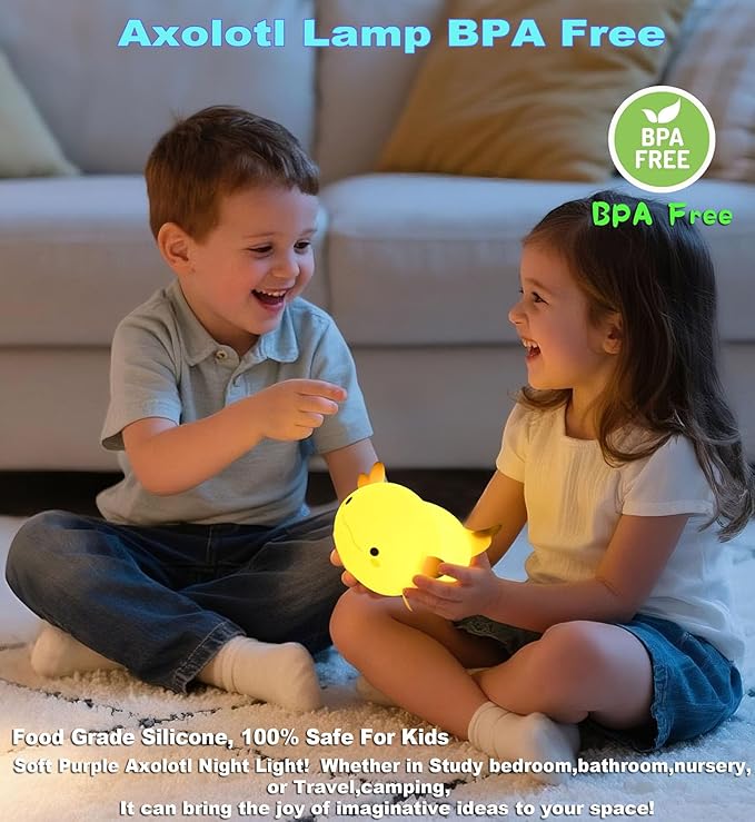 HAPPYBAG Axolotl Night Light,Cute Axolotl lamp Gifts for Kids,Dimmable Silicone Animal Nursery Night Light,Kawaii Rechargeable Bedside Touch Lamp,Baby Room Decor Axolotl Light