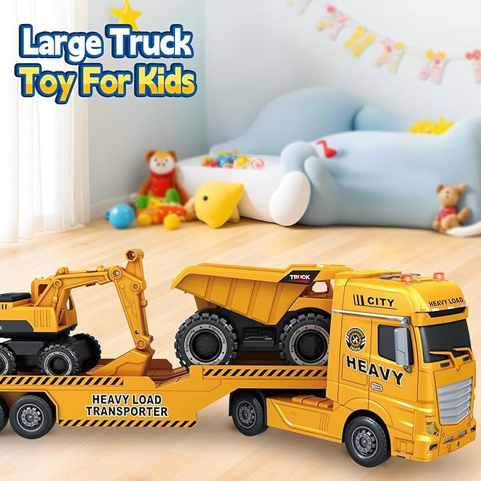 SpringFlower 3 4 5 6 Toddler Boy Toys, 25" Construction Carrier Toy with Excavator and Dump Truck,3 in 1 Truck, Christmas Birthday Gifts for Kids 3 4 5 6 Years Old