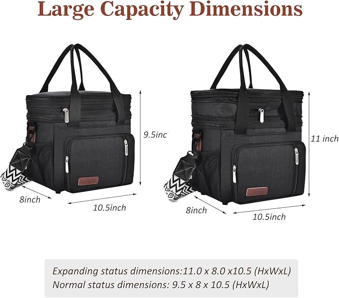 LOKASS Lunch Bag& Lunch Box for Men Women Double Deck,Large Insulated Adult Lunch Box Leakproof Lunchbox Cooler Bag for Work Picnic Beach,（Black,16L）