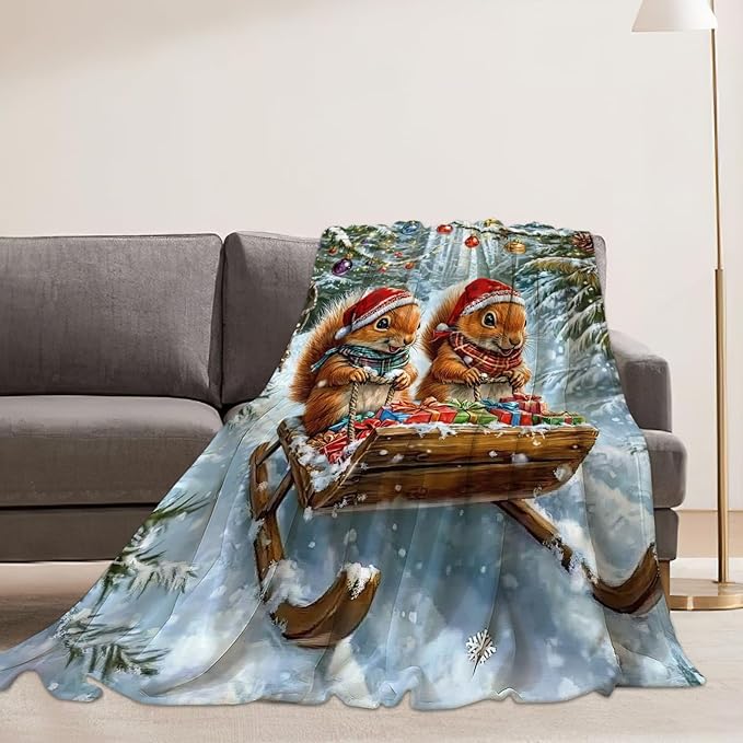 Christmas Squirrel Blanket Cute Animal Throw Blankets Gifts for Girls Boys Kids Squirrel Lover Soft Cozy Fleece Plush for Couch Sofa Bed 80"x60"