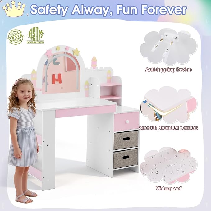 Karl home Kids Vanity Set with Lighted Mirror and Stool, Princess Makeup Vanity Desk with Bookshelf & Drawers, Toddler Dressing Table and Chair Set with Storage Shelves for Little Girls, White