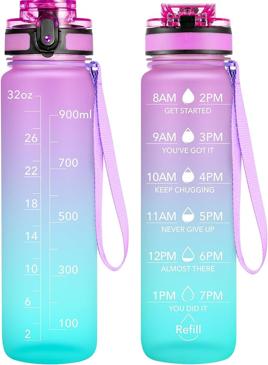 OLDLEY Water Bottle, 32oz Motivational Sports Water Bottle with Time Marker - Times to Drink - Tritan, BPA Free, Wide Mouth Leakproof, Confectionery (1 Bottle)
