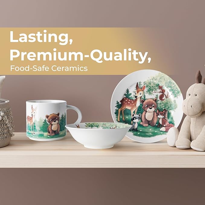 MIAMIO – Set of 3 Kids Dinnerware Set/Porcelain Children Dishes, Kids Dish Set, Children’s Tableware Set - Includes Plate, Bowl and Cup – For Kids and Toddler (Forest)