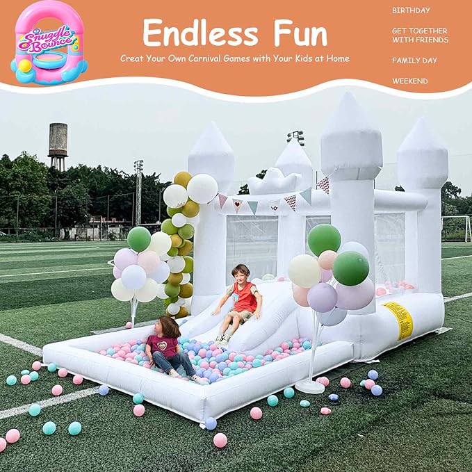 12.5FTx7.1FT White Inflatable Bounce House Inflatable Castle with Slide and Ball Pool Indoor and Outdoor Toys for Active Kids Used for Inflatable Products for Birthday Parties and Holiday Decorations