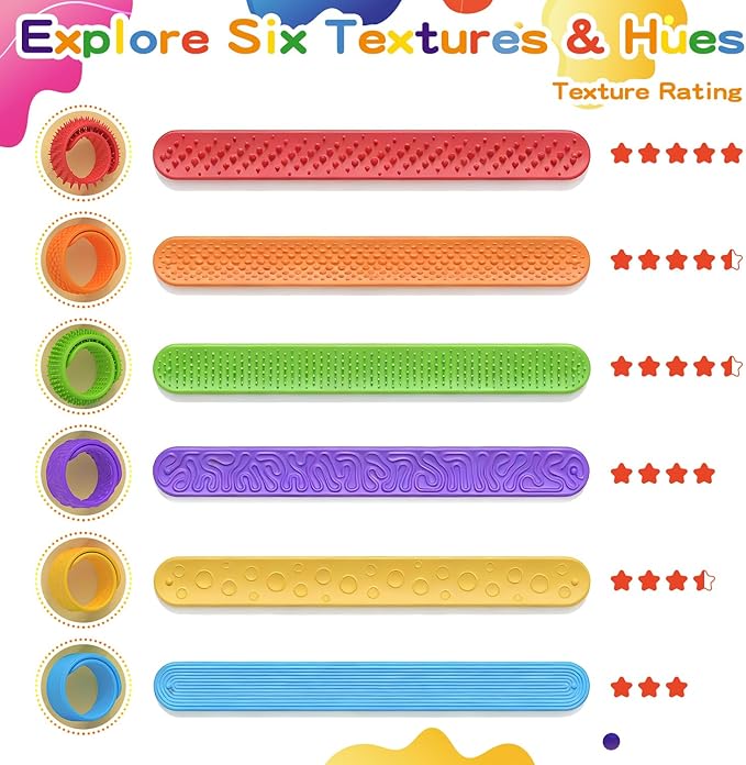 Sensory Fidget Toys for Kids, 6 Pack Textured Silicone Slap Bracelets, Stress Fidgets Toy for Classroom Anxiety Autism ADHD, Sensory Toys for Adults Office Desk, Travel, Airplane.