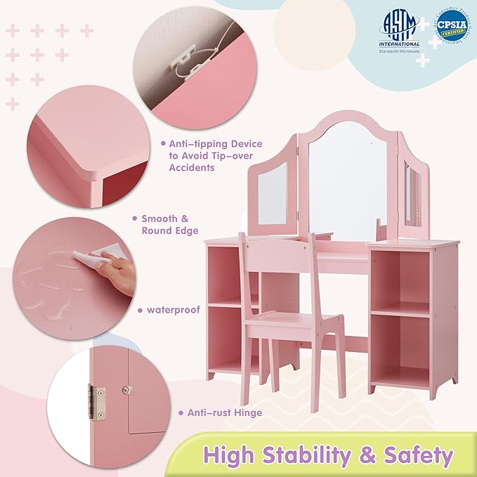 2 in 1 Kids Vanity Set, Princess Makeup Vanity Storage Cabinet with Detachable Top, Girls Vanity Set with Tri-fold Mirror for Age 3-9 (Pink with Chair)
