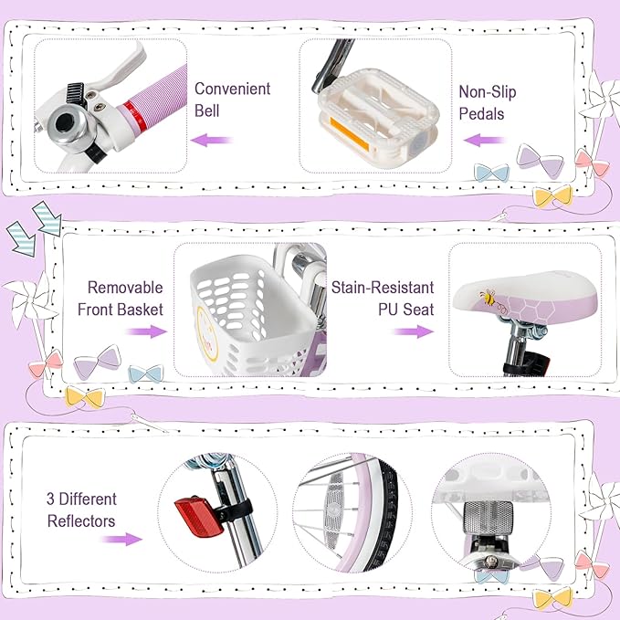 HONEY JOY Kids Bike, 12 14 16 18 20 Inch Toddler Bikes w/Training Wheels, Handbrake & Coaster Brake, Fully Enclosed Chain, Adjustable Handlebar & Seat, Kids Bicycle w/Basket, Girls Boys Bike 3-8