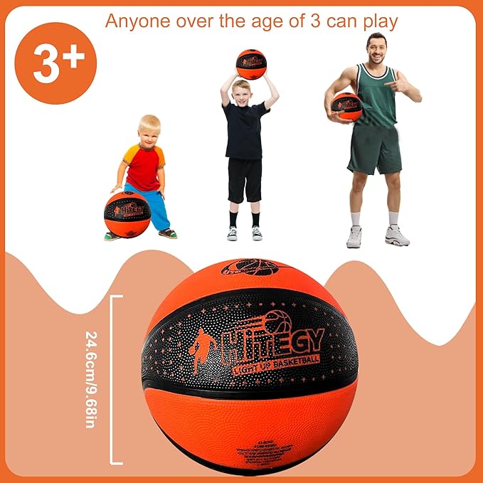 Glow in The Dark Basketball - Water-Resistant, Size 7, Impact Activated, Includes Pump, Manual, Pre-Installed Batteries & 10 Extra Batteries - Light Up Basketball - Orange